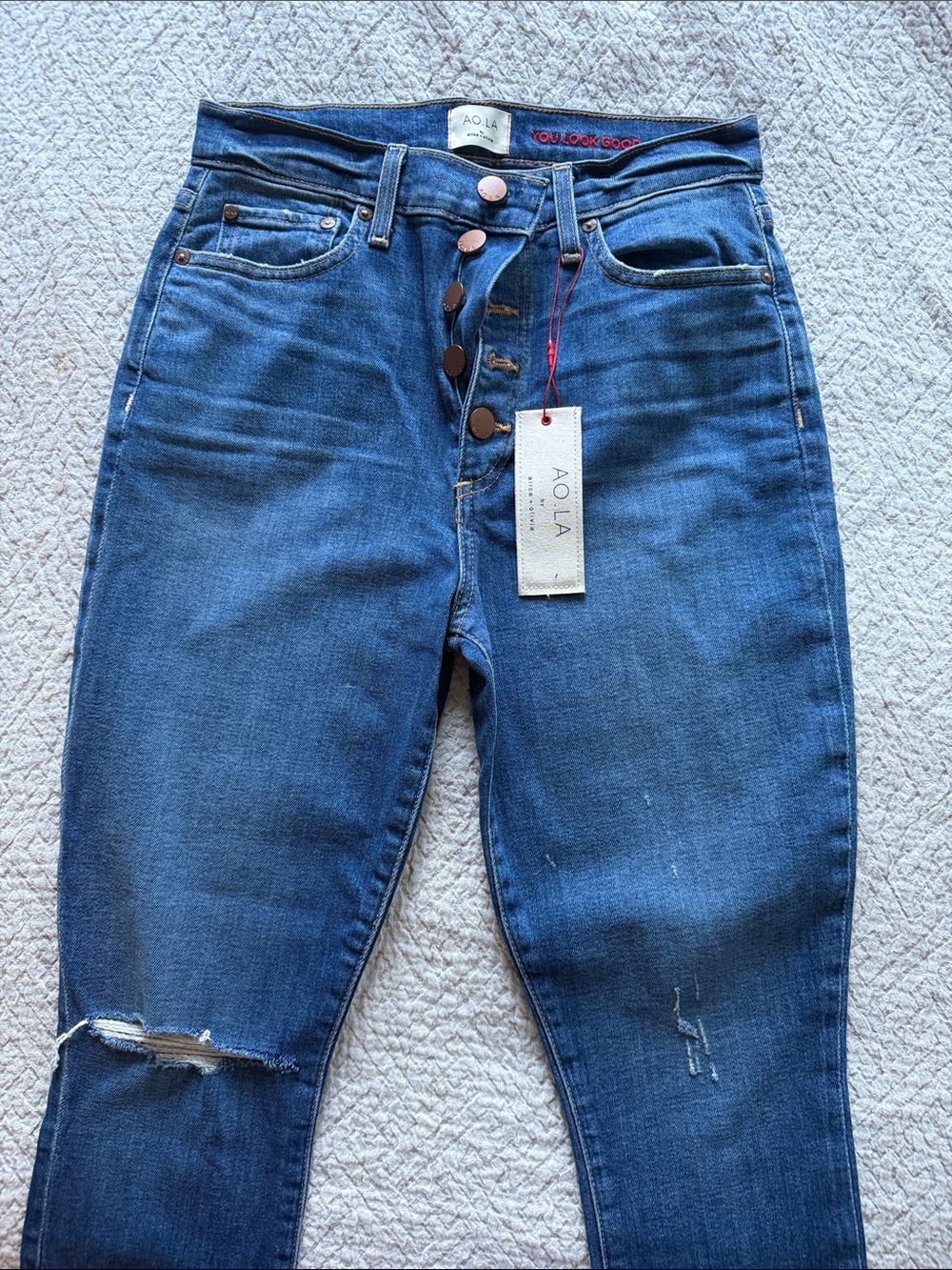 Alice + Olivia Dark Blue High-Rise Button-Fly Distressed Jeans